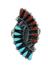 Turquoise And Coral Southwestern Silver Needlepoint Ring Size 6-3/4 AX81831